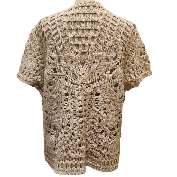 Crochet Knit Heavy Short Sleeve Cardigan Women's One Size Cream Art To Wear 100% - Picture 2 of 10